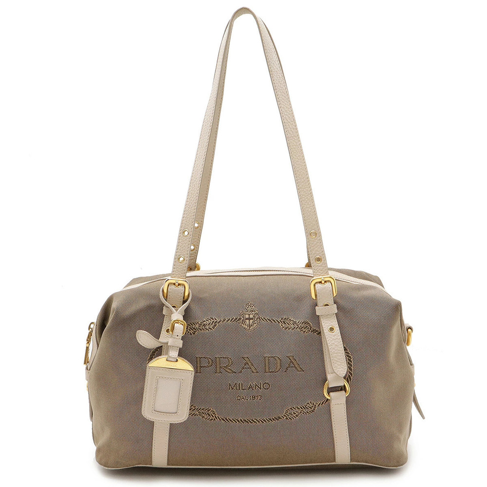 Prada Jacquard Boston Tote Bag Shoulder Canvas Leather Beige Cream